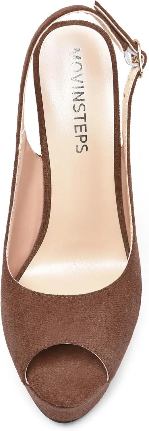 MOVINSTEPS Womens Platform Wedding Buckle Peep Toe Slingback Solid Dress Suede Wedge High Heel Pumps Shoes 6 Inch