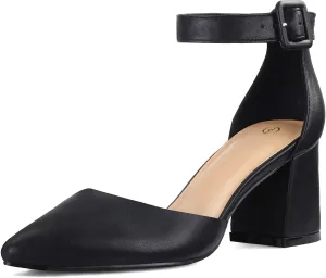 mysoft Women's Pointed Toe Low Chunky Heels Closed Toe Ankle Strap Dress Pump Shoes - Available in Wide Sizes
