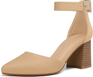 mysoft Women's Pointed Toe Low Chunky Heels Closed Toe Ankle Strap Dress Pump Shoes - Available in Wide Sizes