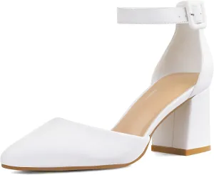 mysoft Women's Pointed Toe Low Chunky Heels Closed Toe Ankle Strap Dress Pump Shoes - Available in Wide Sizes