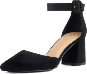 mysoft Women's Pointed Toe Low Chunky Heels Closed Toe Ankle Strap Dress Pump Shoes - Available in Wide Sizes
