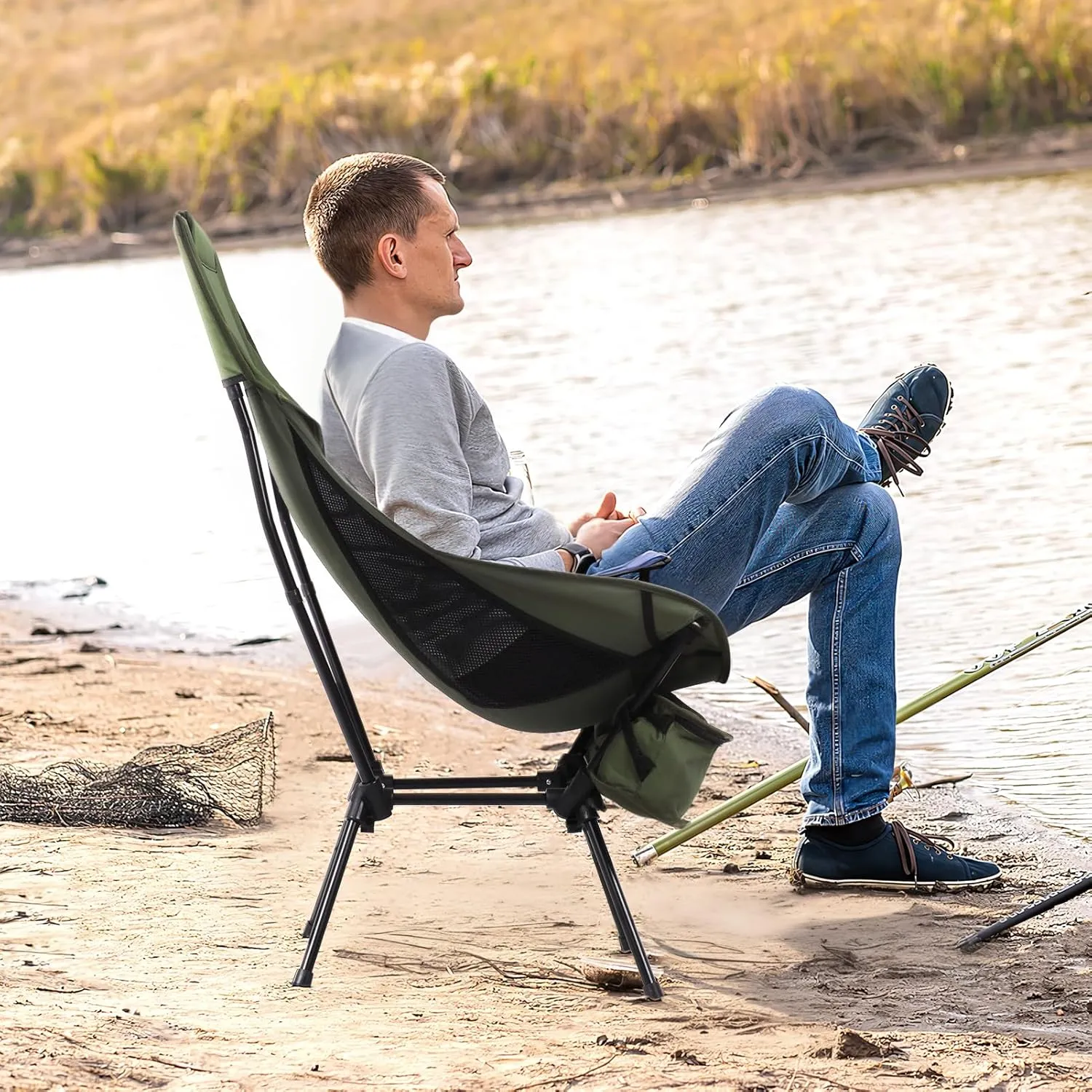 Outdoor Lawn Chairs Folding Freestyle Rocker Chair Oversized Collapsible Camping Chairs for Adults with Carry Bag,Portable Rocking Chair for Patio, Lawn and Outdoors, Supports 198lbs (Black)
