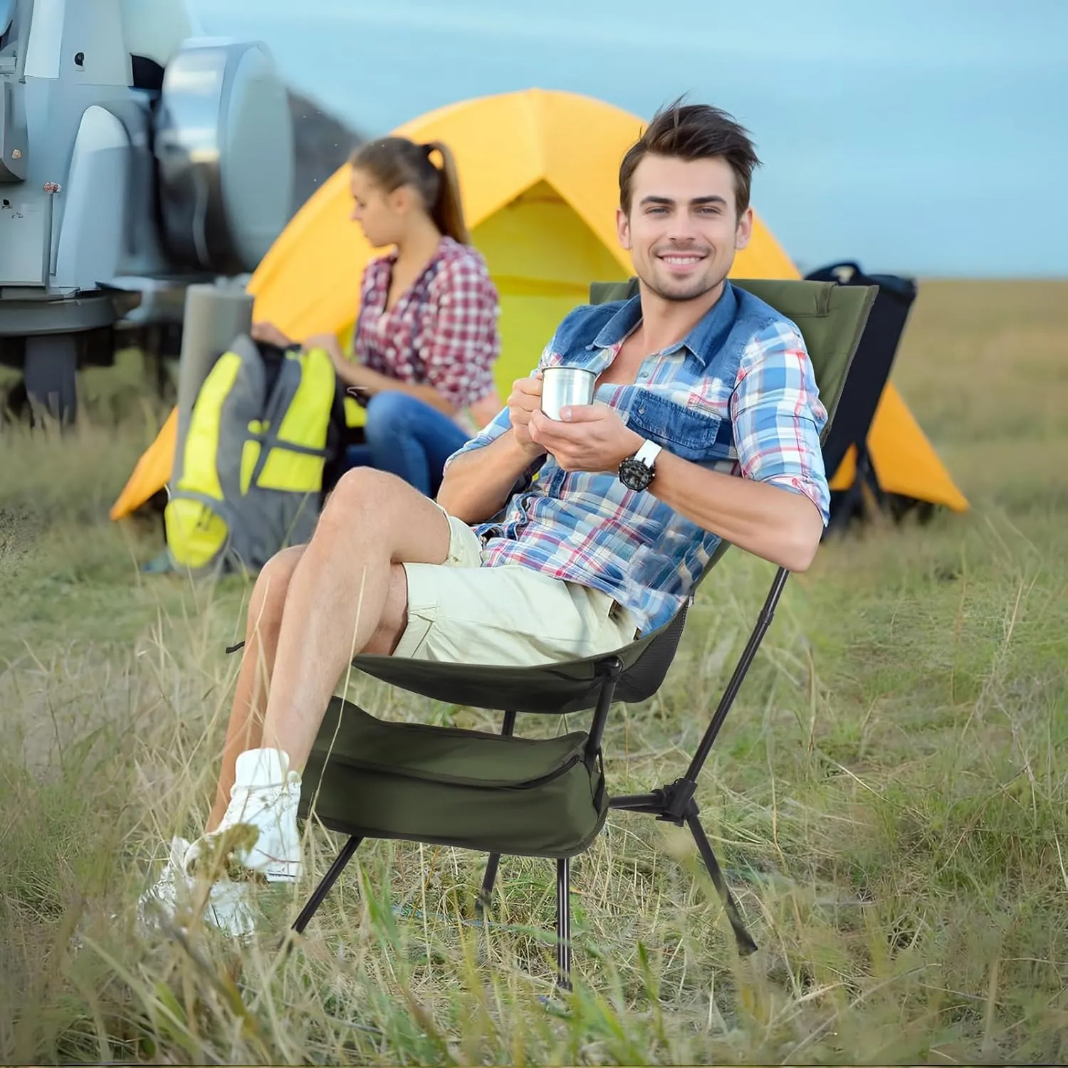 Outdoor Lawn Chairs Folding Freestyle Rocker Chair Oversized Collapsible Camping Chairs for Adults with Carry Bag,Portable Rocking Chair for Patio, Lawn and Outdoors, Supports 198lbs (Black)