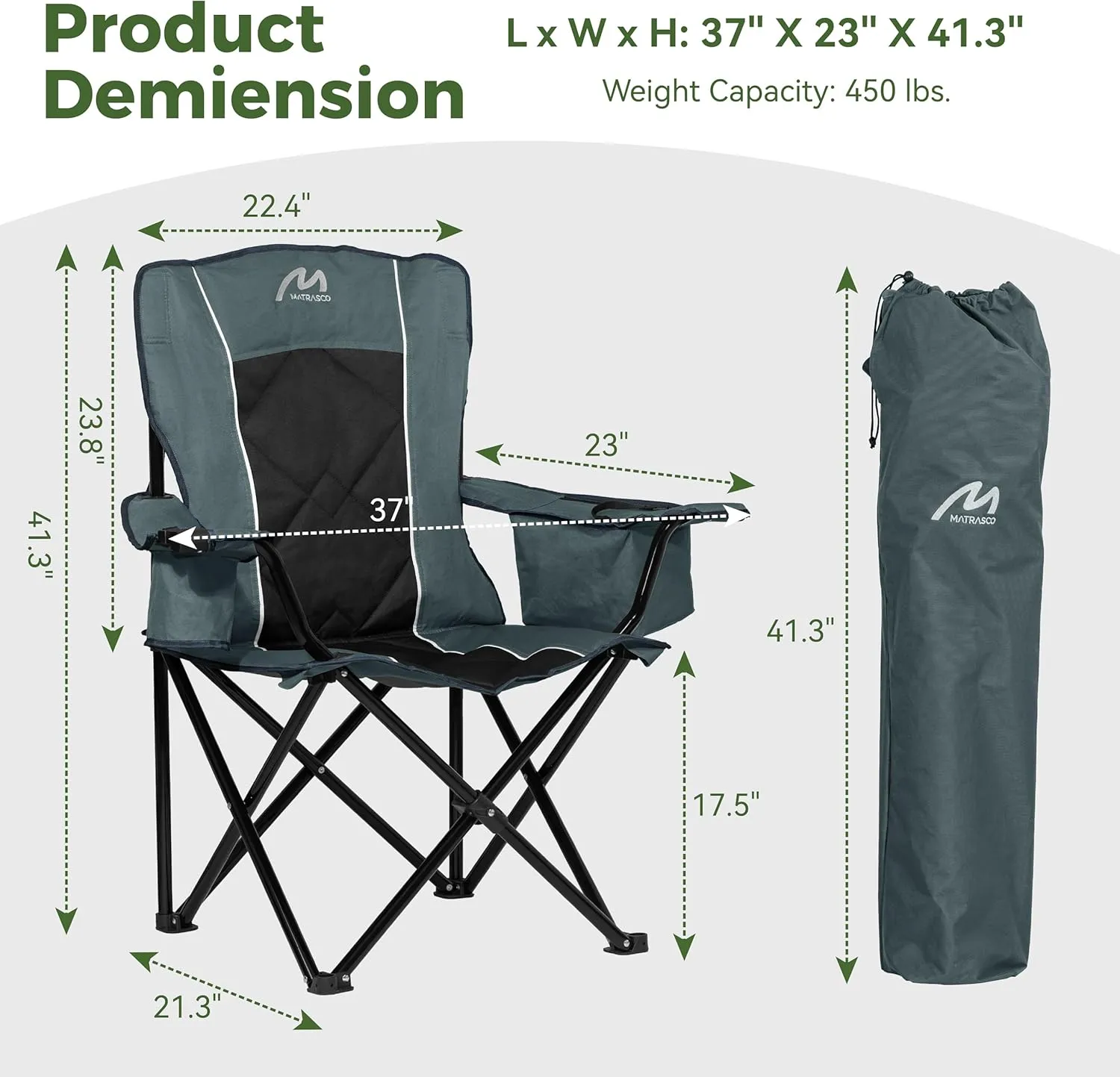 Oversized Padded Camping Chair, Heavy-Duty Steel Frame for 450 lbs Supports, Convenient 6-Can Cooler, Portable Carry Bag, Perfect for Outdoor, Beach, and Hiking (Gray & Black)