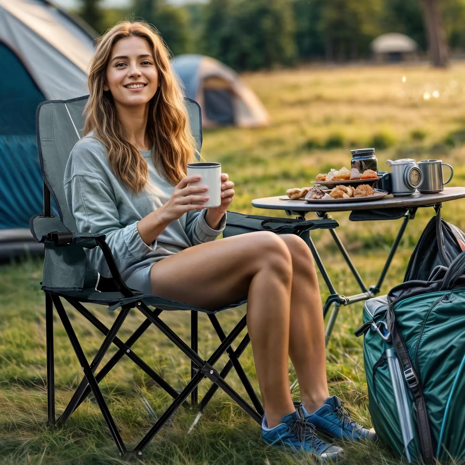 Oversized Padded Camping Chair, Heavy-Duty Steel Frame for 450 lbs Supports, Convenient 6-Can Cooler, Portable Carry Bag, Perfect for Outdoor, Beach, and Hiking (Gray & Black)