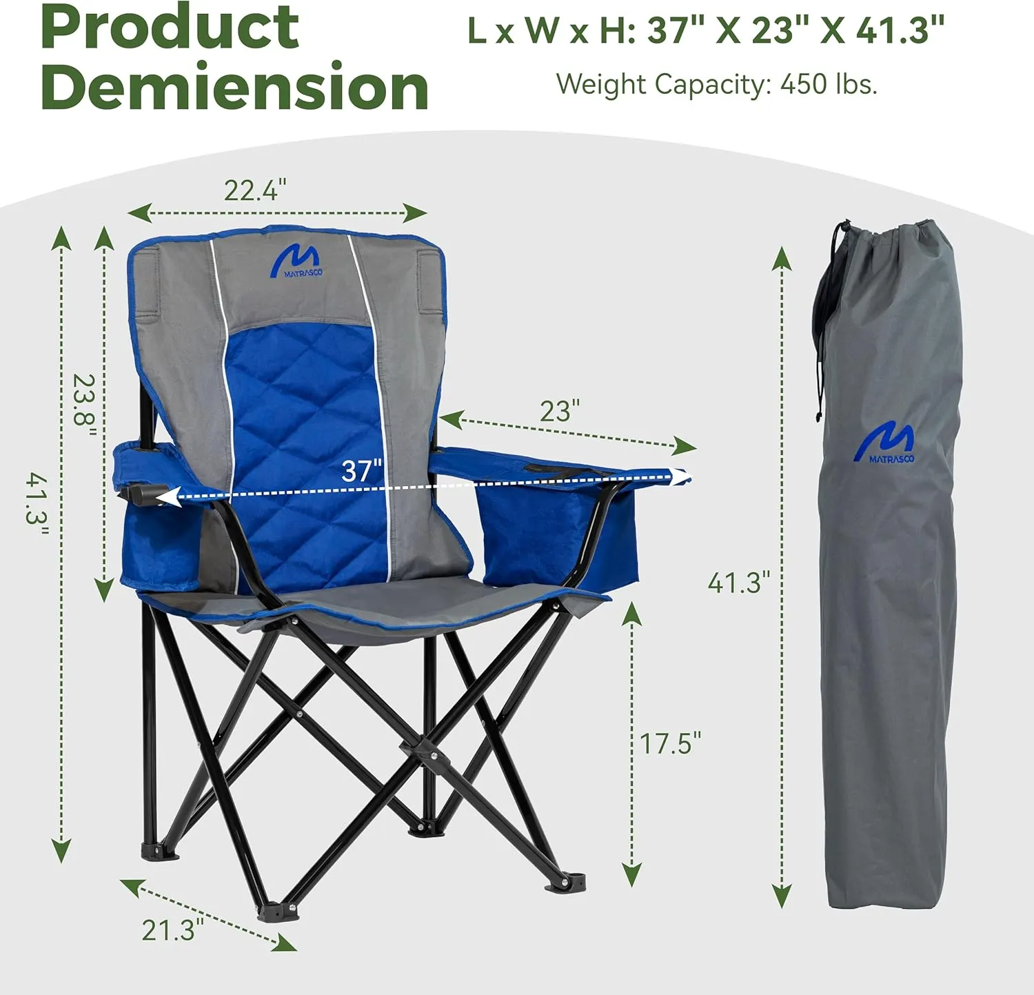Oversized Padded Camping Chair, Heavy-Duty Steel Frame for 450 lbs Supports, Convenient 6-Can Cooler, Portable Carry Bag, Perfect for Outdoor, Beach, and Hiking (Gray & Sapphire Blue)