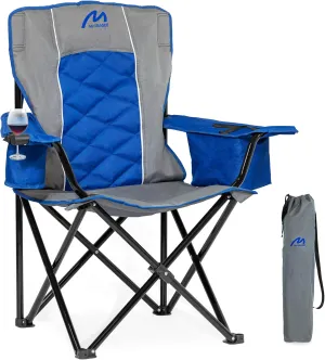 Oversized Padded Camping Chair, Heavy-Duty Steel Frame for 450 lbs Supports, Convenient 6-Can Cooler, Portable Carry Bag, Perfect for Outdoor, Beach, and Hiking (Gray & Sapphire Blue)