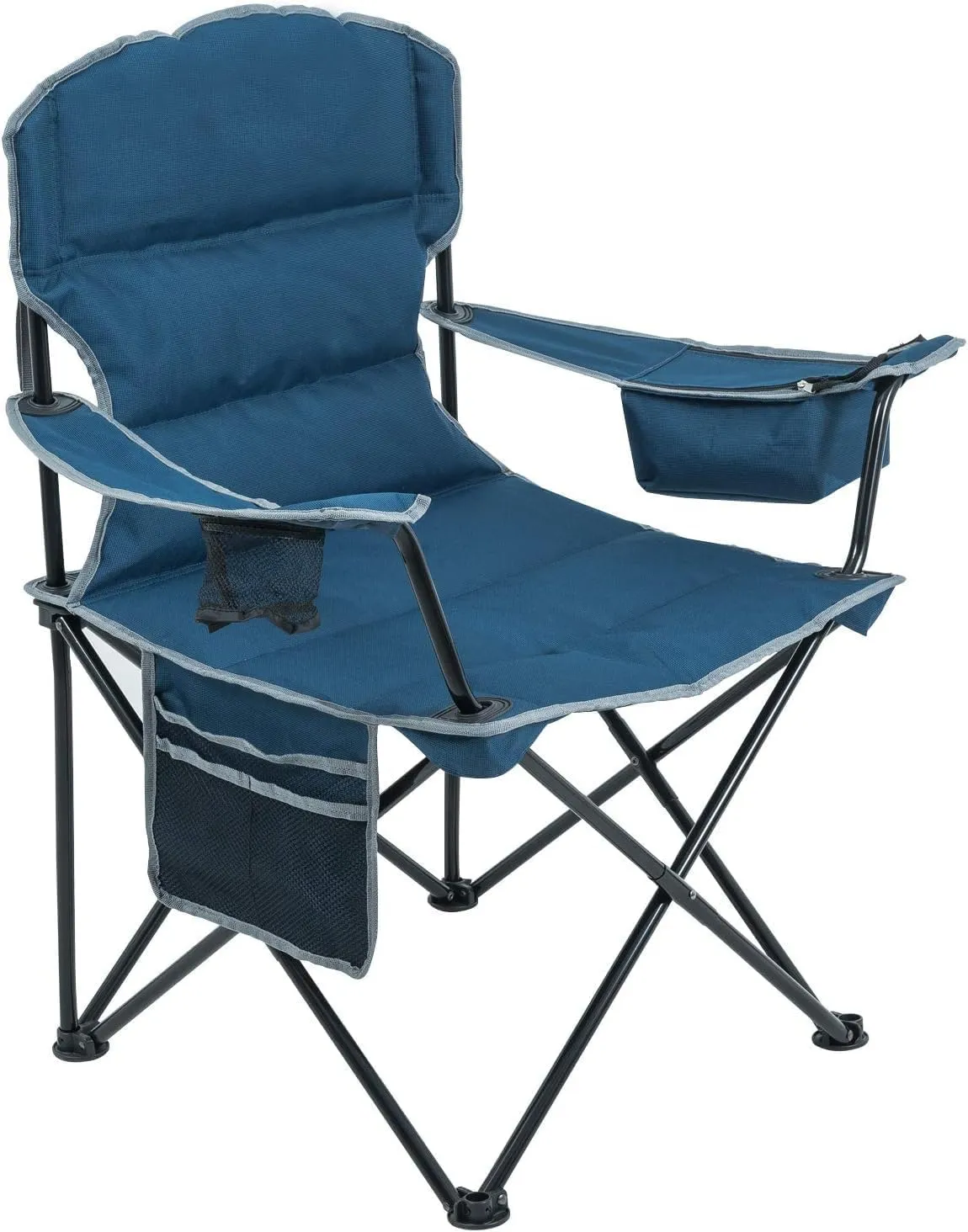 Padded Camping Folding Chairs for Heavy People Support 400lbs Oversized Outdoor Sports Chair Quad Arm Lawn Chair for Beach Hiking Fishing Spectator with Cup Holder Cooler Bag
