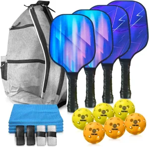 PICKYBALL-Pickleball Paddle Set of 4 USAPA Approved with Fiberglass Surface - Set with 6 Pickle Ball, Pickle Ball Set Grip, Bag, Cooling Towels- Pickleball Set of 4 with Accessories