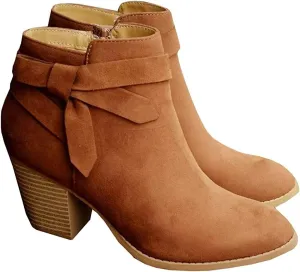 PiePieBuy Women's Tie Knot Chelsea Pump Ankle Boots Closed Toe Stacked Heel Booties Shoes,Brown, Size 9