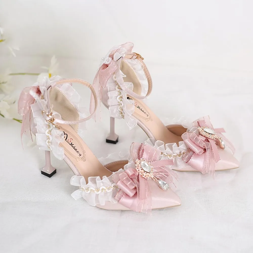 Pink Lolita High Stiletto Heels Lace Bow Ankle Strap Pump Heeled Sandals Pointed Toe Pumps Lolita Princess Shoes