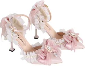 Pink Lolita High Stiletto Heels Lace Bow Ankle Strap Pump Heeled Sandals Pointed Toe Pumps Lolita Princess Shoes