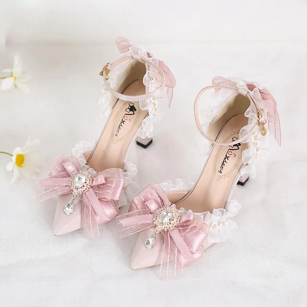 Pink Lolita High Stiletto Heels Lace Bow Ankle Strap Pump Heeled Sandals Pointed Toe Pumps Lolita Princess Shoes
