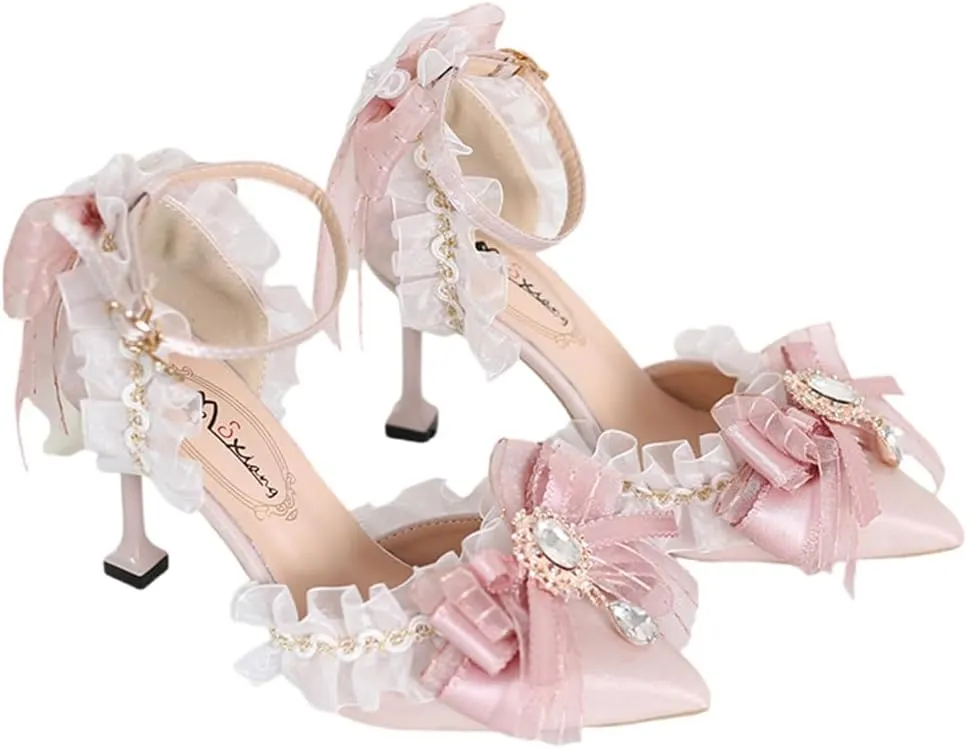 Pink Lolita High Stiletto Heels Lace Bow Ankle Strap Pump Heeled Sandals Pointed Toe Pumps Lolita Princess Shoes