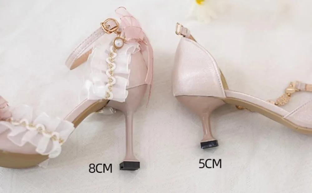 Pink Lolita High Stiletto Heels Lace Bow Ankle Strap Pump Heeled Sandals Pointed Toe Pumps Lolita Princess Shoes