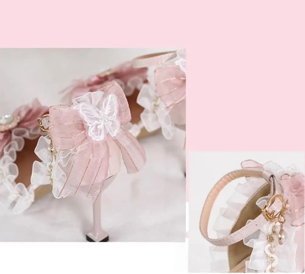 Pink Lolita High Stiletto Heels Lace Bow Ankle Strap Pump Heeled Sandals Pointed Toe Pumps Lolita Princess Shoes