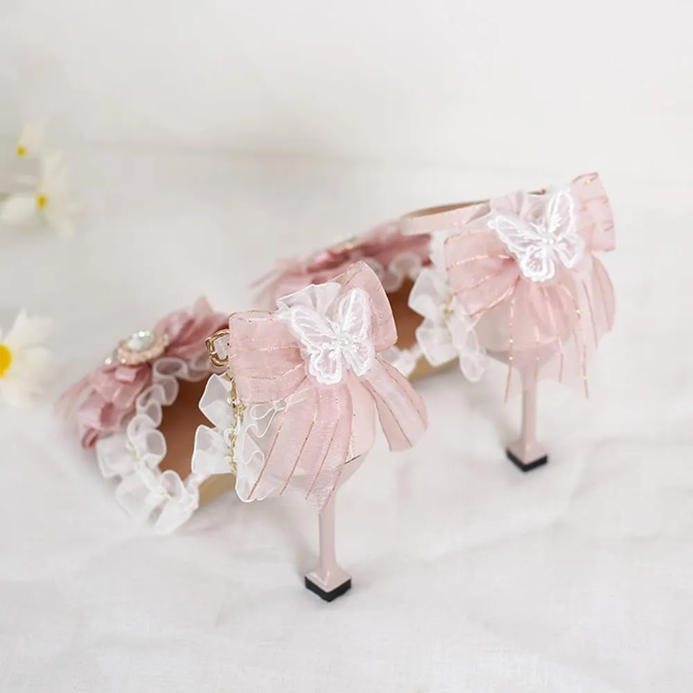 Pink Lolita High Stiletto Heels Lace Bow Ankle Strap Pump Heeled Sandals Pointed Toe Pumps Women Princess Shoes