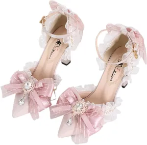 Pink Lolita High Stiletto Heels Lace Bow Ankle Strap Pump Heeled Sandals Pointed Toe Pumps Women Princess Shoes