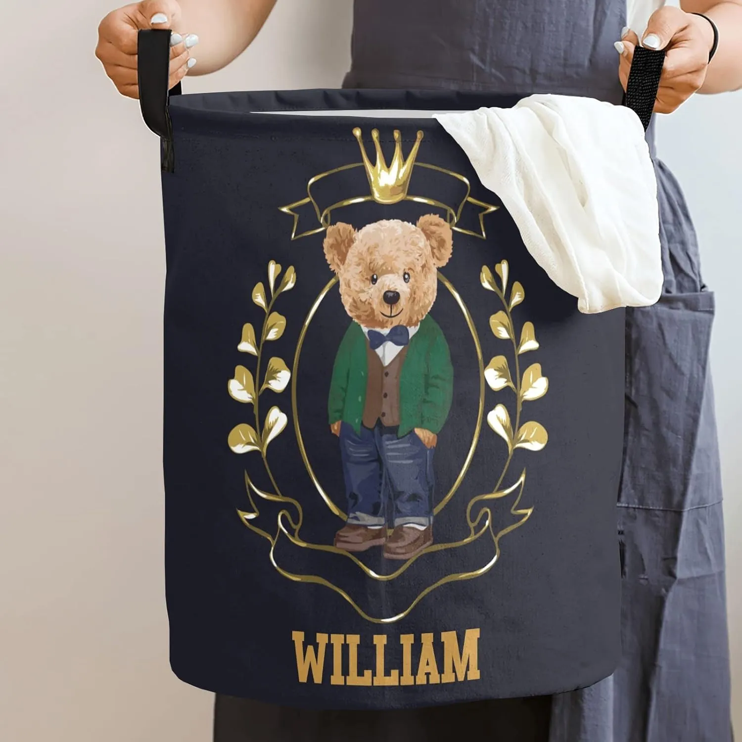 Prince Teddy Bear Crown Personalized Waterproof Foldable Laundry Basket Bag with Handle, Custom Collapsible Clothes Hamper Storage Bin for Toys Laundry Dorm Travel Bathroom