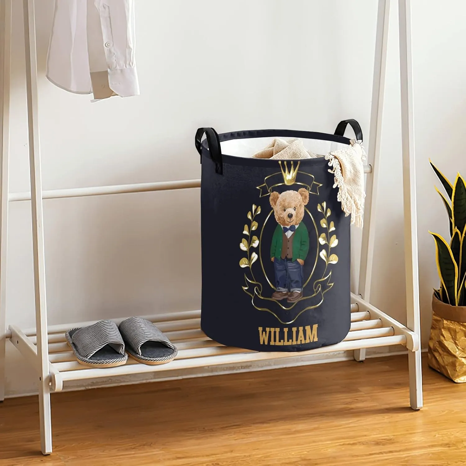 Prince Teddy Bear Crown Personalized Waterproof Foldable Laundry Basket Bag with Handle, Custom Collapsible Clothes Hamper Storage Bin for Toys Laundry Dorm Travel Bathroom