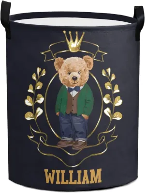 Prince Teddy Bear Crown Personalized Waterproof Foldable Laundry Basket Bag with Handle, Custom Collapsible Clothes Hamper Storage Bin for Toys Laundry Dorm Travel Bathroom