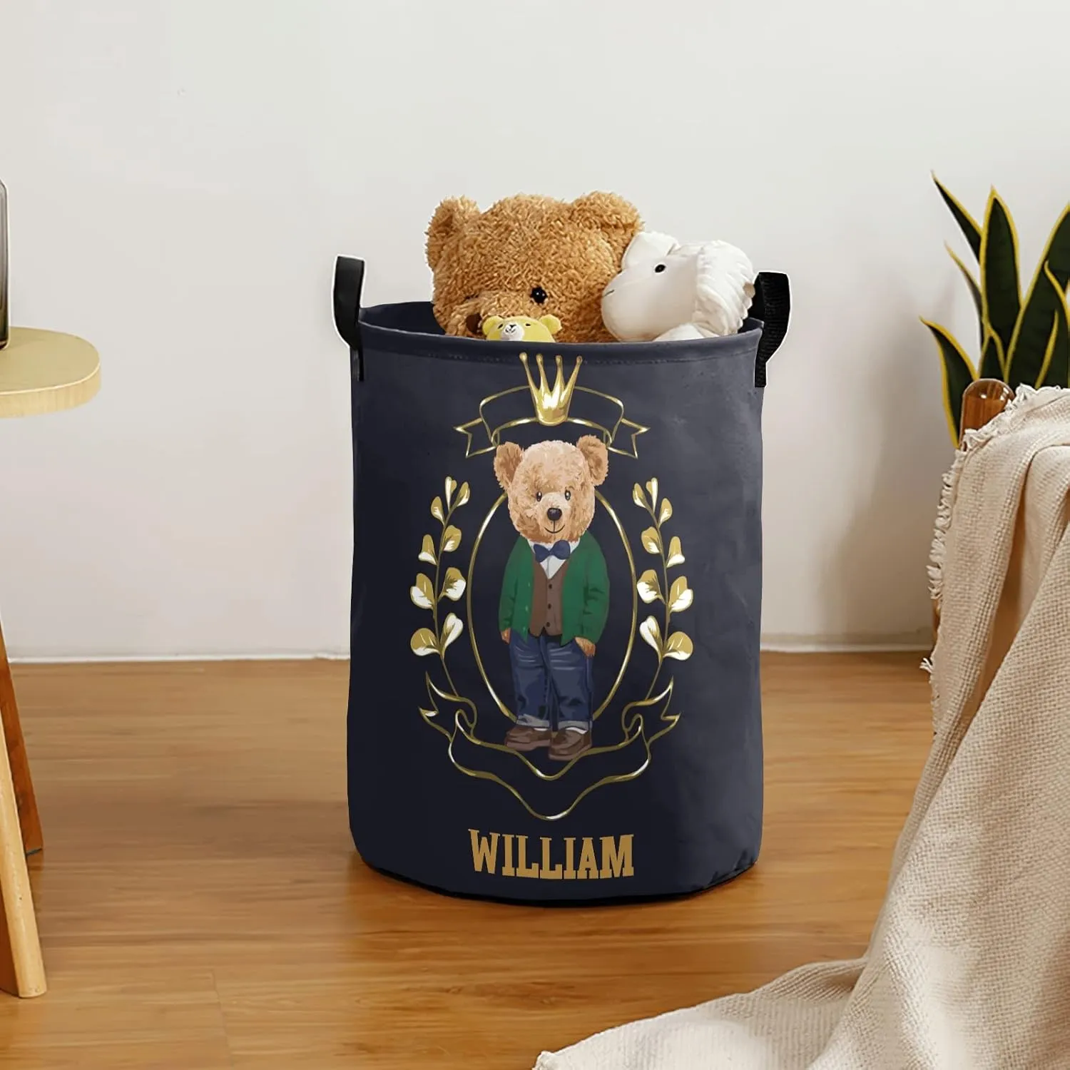 Prince Teddy Bear Crown Personalized Waterproof Foldable Laundry Basket Bag with Handle, Custom Collapsible Clothes Hamper Storage Bin for Toys Laundry Dorm Travel Bathroom