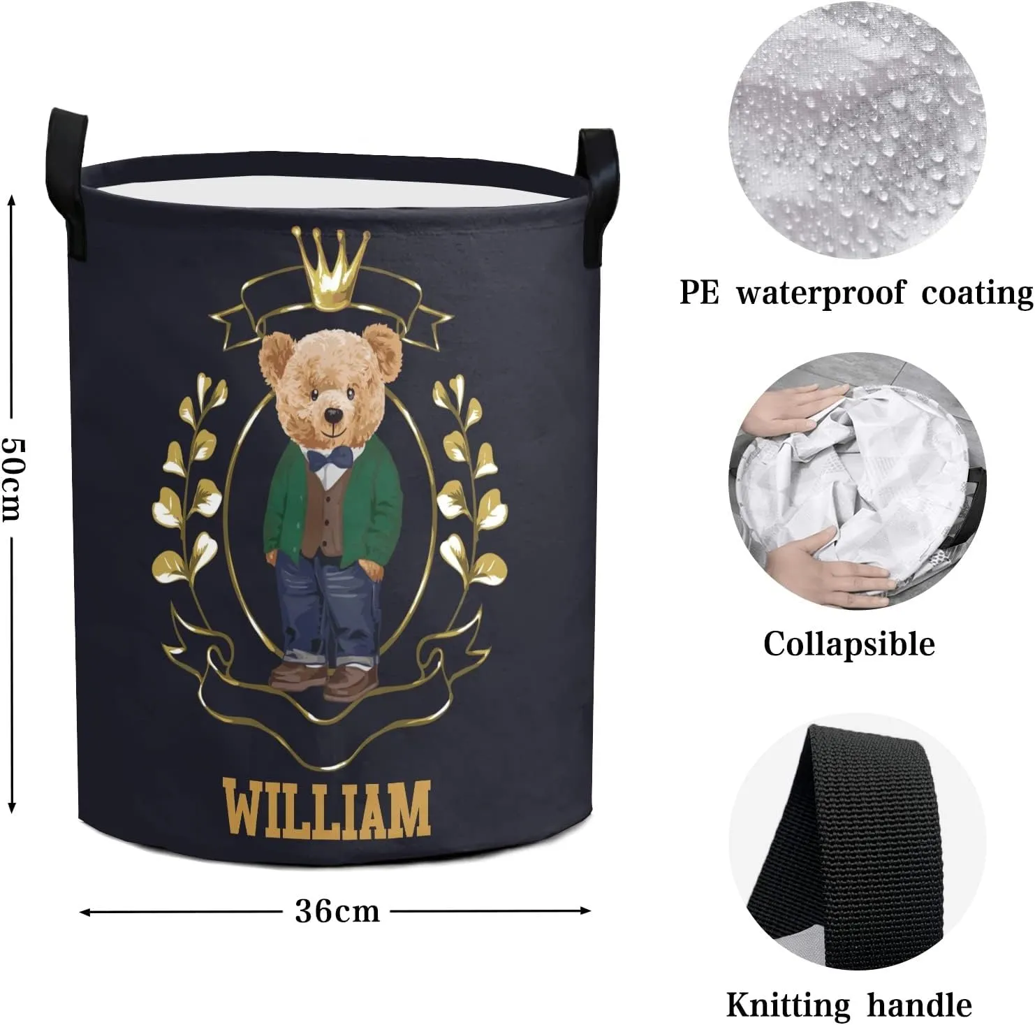 Prince Teddy Bear Crown Personalized Waterproof Foldable Laundry Basket Bag with Handle, Custom Collapsible Clothes Hamper Storage Bin for Toys Laundry Dorm Travel Bathroom