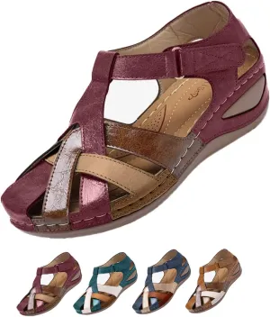 PU Leather Women's Orthopedic Anti-Slip Vintage Cross Belt Wedge Gladiator Outdoor Hollow Out Sandals