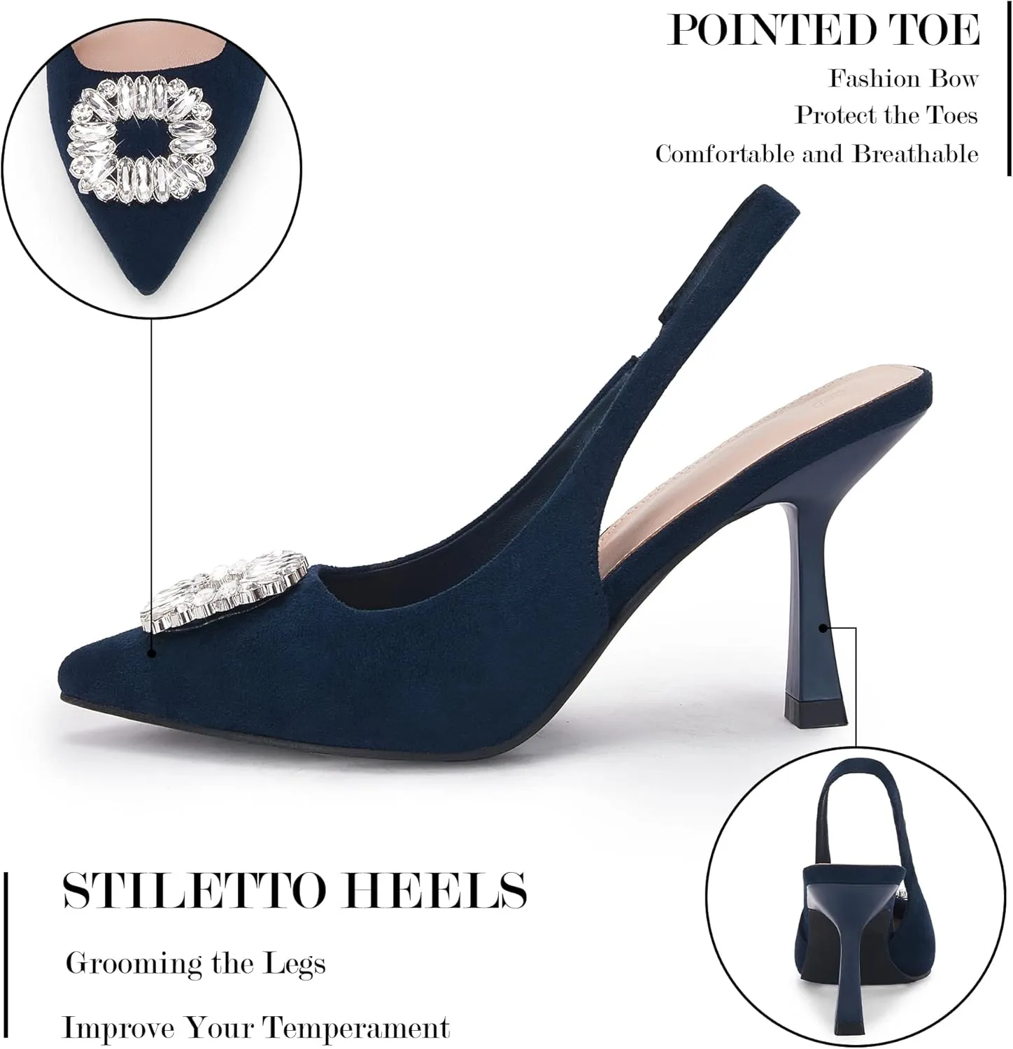 Rilista Women's Slingback Heels Rhinestone Closed Pointed Toe Wedding Party Dress Pumps Shoes