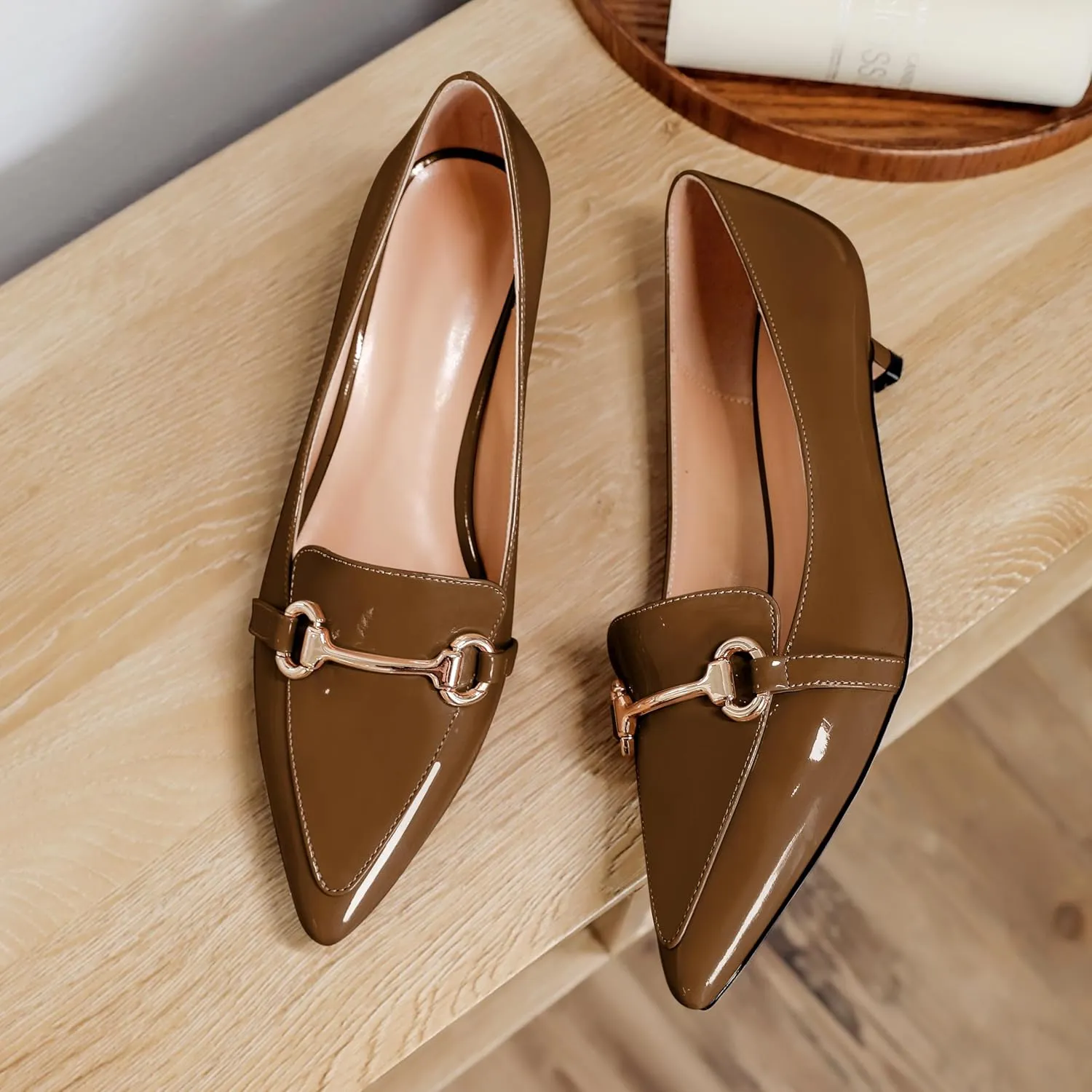 SAMMITOP Women's Low Kitten Heels Pointed Toe Metal Chain Slip On Loafers Pump Comfort Dress Work Wedding Shoes for Women 1.5 inch