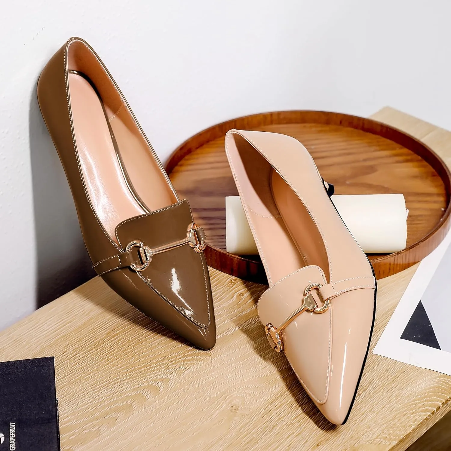 SAMMITOP Women's Low Kitten Heels Pointed Toe Metal Chain Slip On Loafers Pump Comfort Dress Work Wedding Shoes for Women 1.5 inch