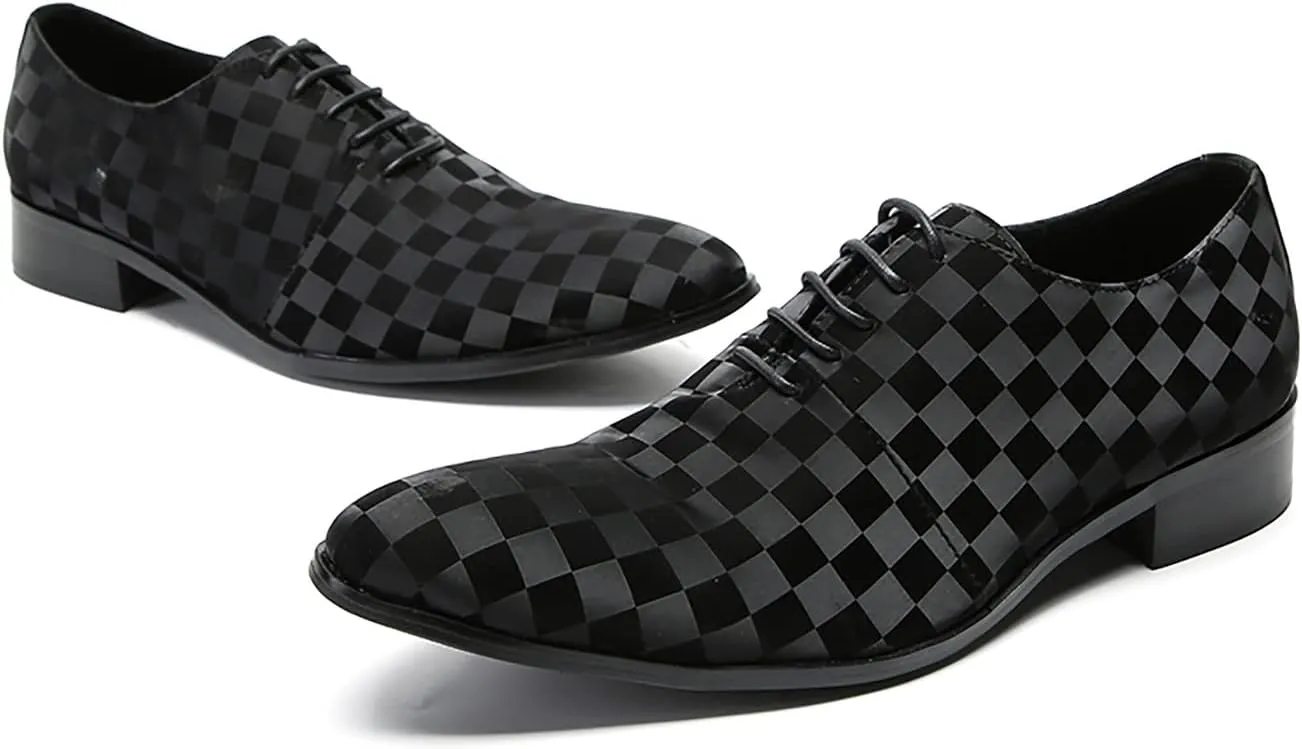 Santimon Men's Oxfords Dress Casual Leather Plaid Derby Prom Formal Wedding Fashion Walking Shoes for Men