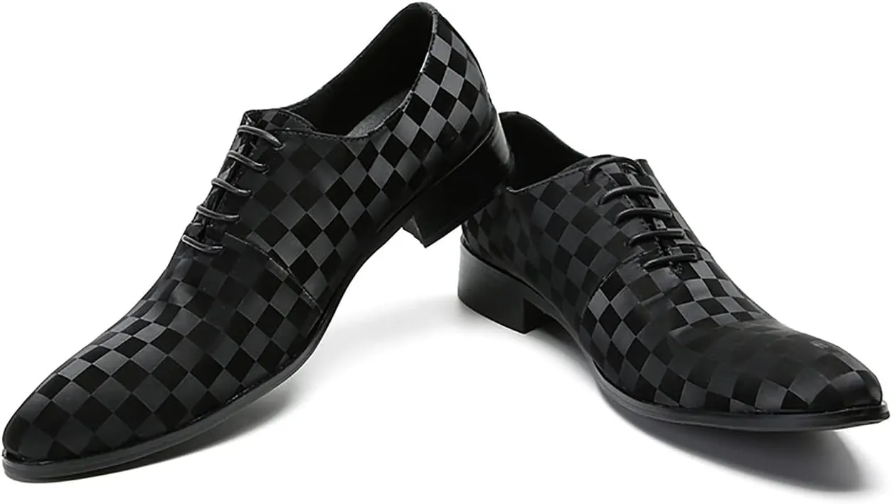 Santimon Men's Oxfords Dress Casual Leather Plaid Derby Prom Formal Wedding Fashion Walking Shoes for Men