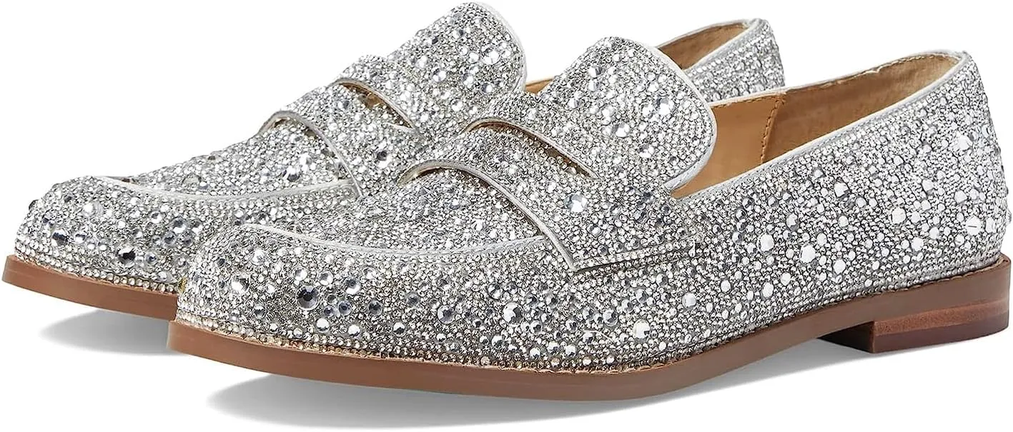 SHODENSE Rhinestone Loafers for Women Round Toe Slip On Glitter Loafer Shoes 1 inch Chunky Low Heel Penny Loafers Sparkly Flats Loafers Comfortable Casual Evening Party Wedding 4-11 M US