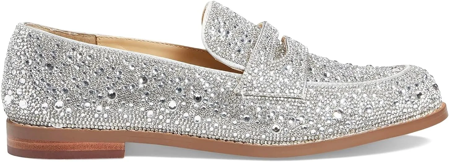 SHODENSE Rhinestone Loafers for Women Round Toe Slip On Glitter Loafer Shoes 1 inch Chunky Low Heel Penny Loafers Sparkly Flats Loafers Comfortable Casual Evening Party Wedding 4-11 M US