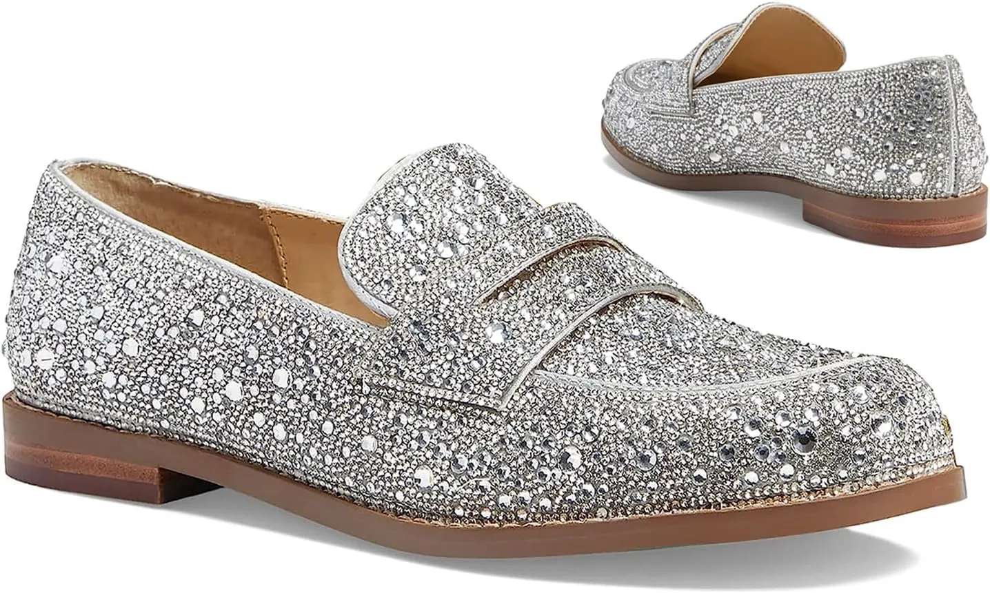 SHODENSE Rhinestone Loafers for Women Round Toe Slip On Glitter Loafer Shoes 1 inch Chunky Low Heel Penny Loafers Sparkly Flats Loafers Comfortable Casual Evening Party Wedding 4-11 M US