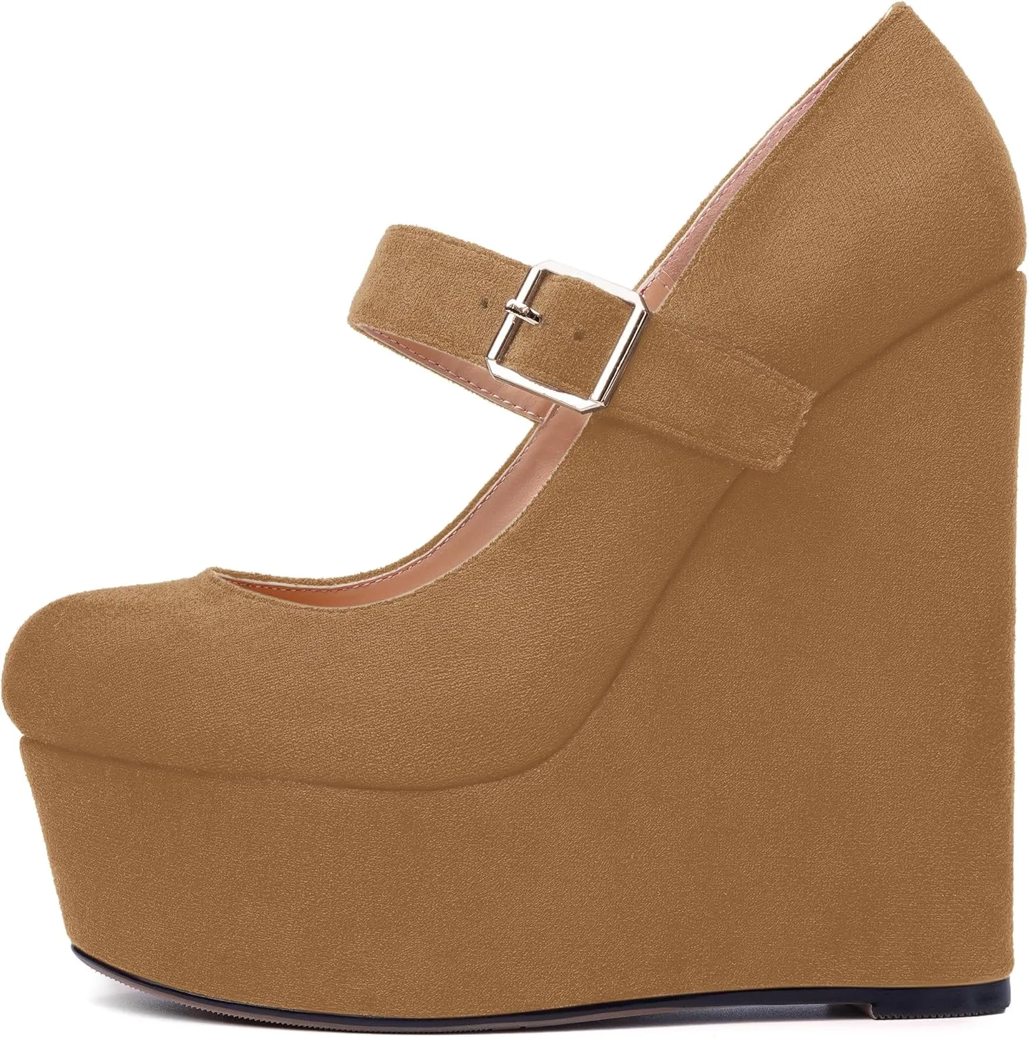 SHOWFOREST Womens Sexy Wedding Platform Suede Buckle Adjustable Strap Solid Round Toe Wedge High Heel Pumps Shoes 6 Inch