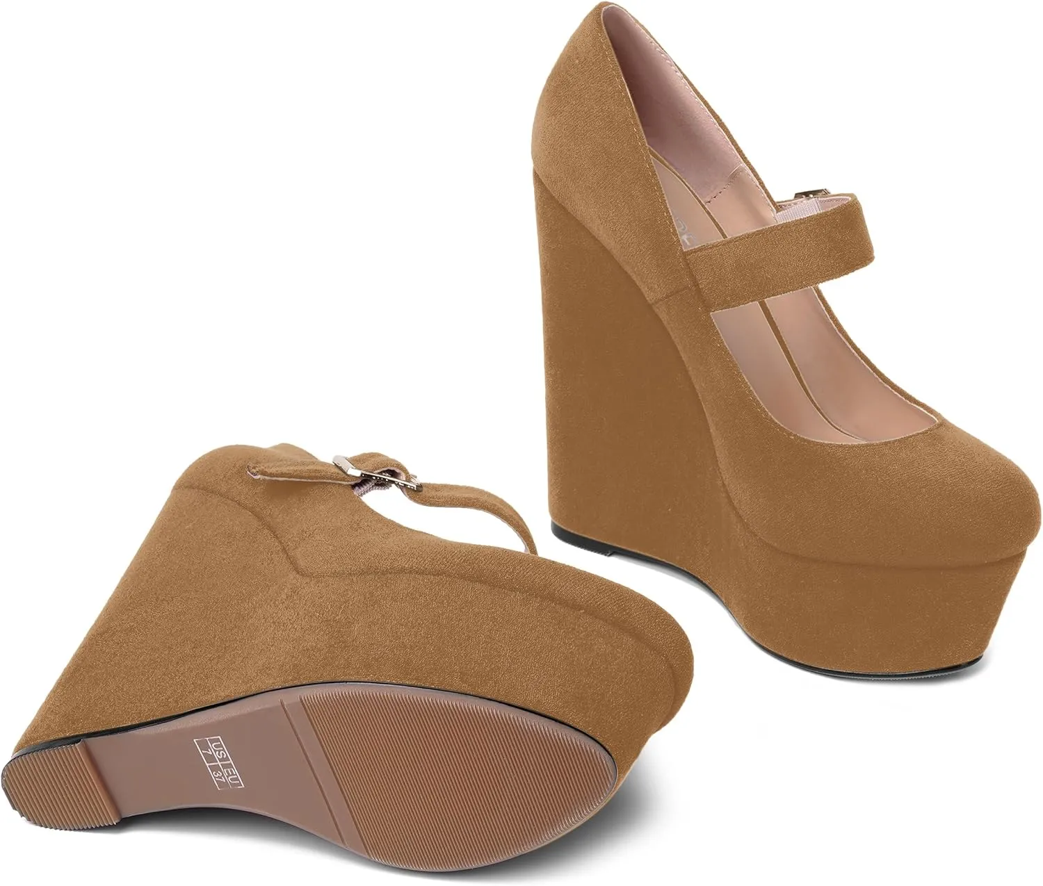 SHOWFOREST Womens Sexy Wedding Platform Suede Buckle Adjustable Strap Solid Round Toe Wedge High Heel Pumps Shoes 6 Inch