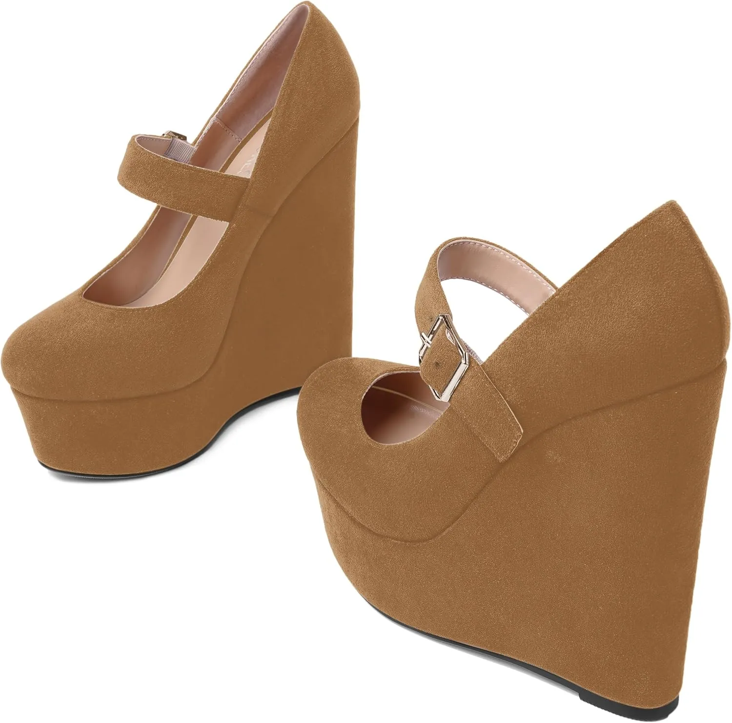 SHOWFOREST Womens Sexy Wedding Platform Suede Buckle Adjustable Strap Solid Round Toe Wedge High Heel Pumps Shoes 6 Inch