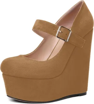 SHOWFOREST Womens Sexy Wedding Platform Suede Buckle Adjustable Strap Solid Round Toe Wedge High Heel Pumps Shoes 6 Inch