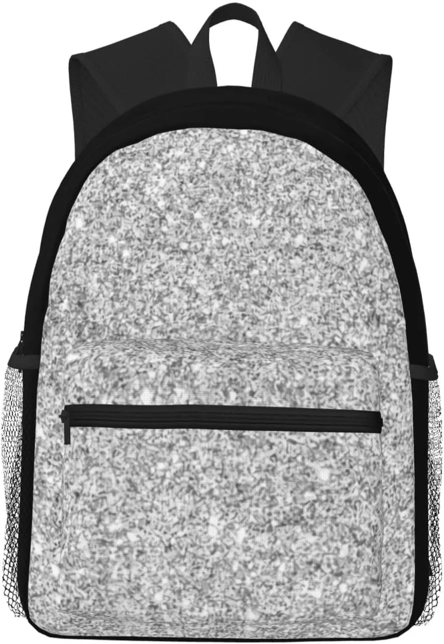 Silver Glitter Casual Backpack – Lightweight Travel Daypack, Multi-Pocket Laptop Hiking Bag, Durable Polyester Pack For Outdoor Camping Cycling