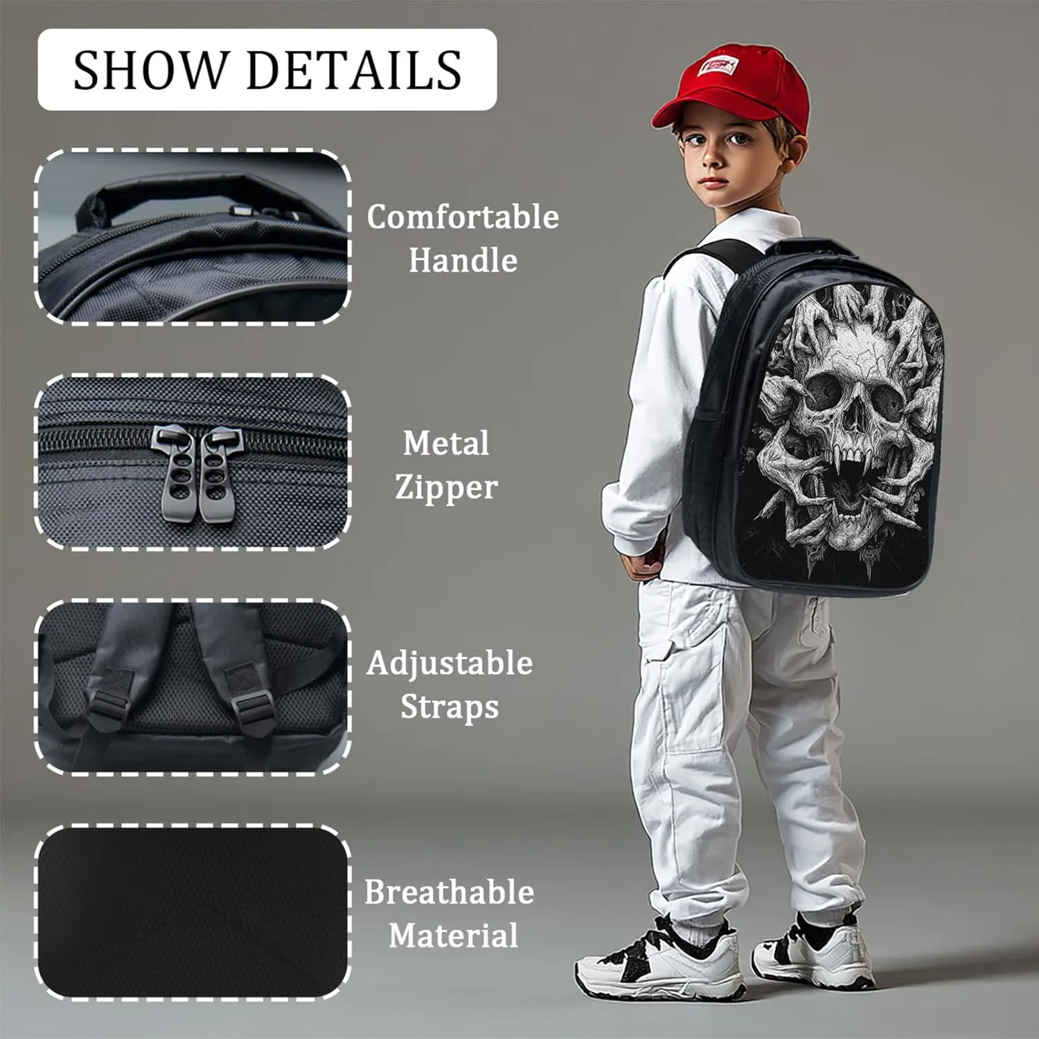 Skull Backpack Set for Boys Girls 3PCS Cool Horrible Gothic School Bag with Lunch Box Pencil Case Kids Backpacks Toddler Elementary Bookbag 16 Inch