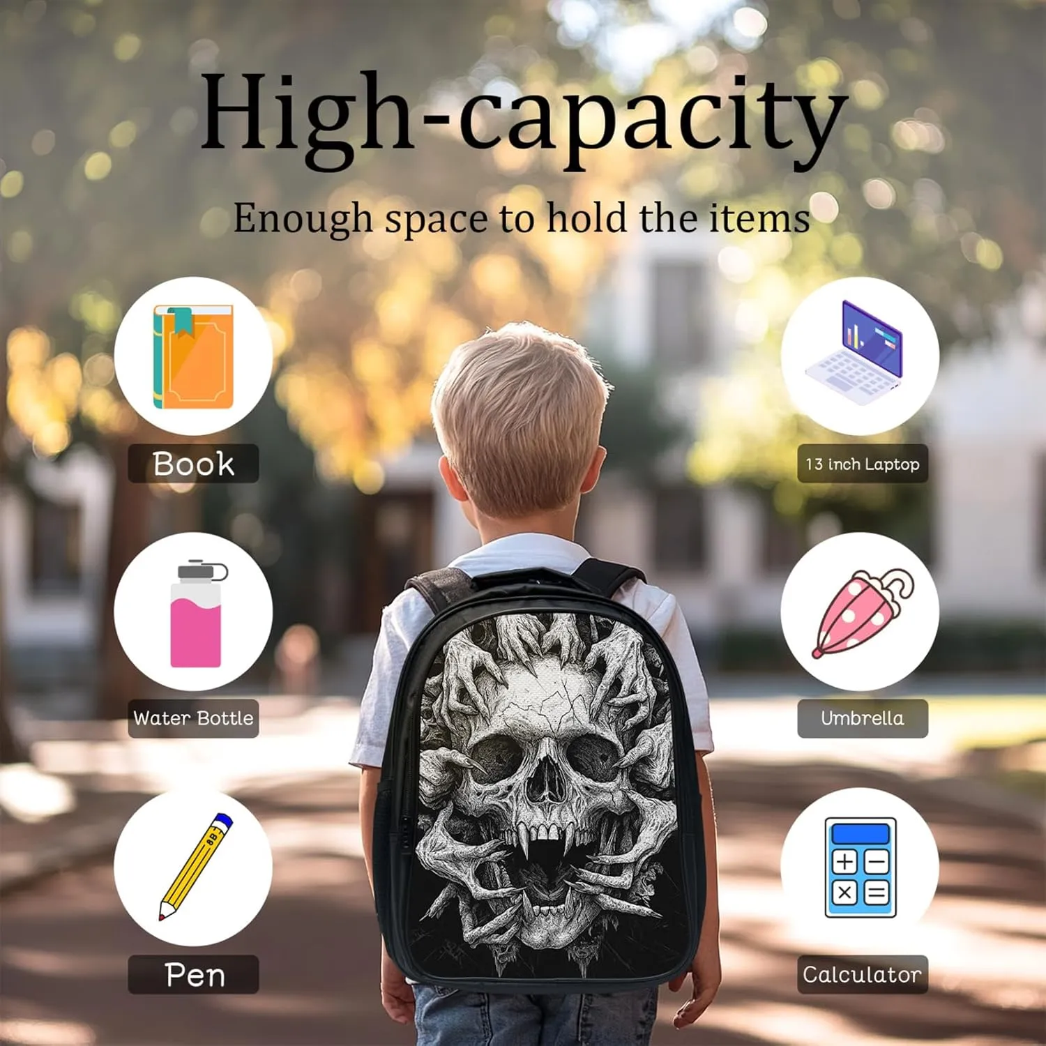 Skull Backpack Set for Boys Girls 3PCS Cool Horrible Gothic School Bag with Lunch Box Pencil Case Kids Backpacks Toddler Elementary Bookbag 16 Inch