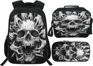 Skull Backpack Set for Boys Girls 3PCS Cool Horrible Gothic School Bag with Lunch Box Pencil Case Kids Backpacks Toddler Elementary Bookbag 16 Inch