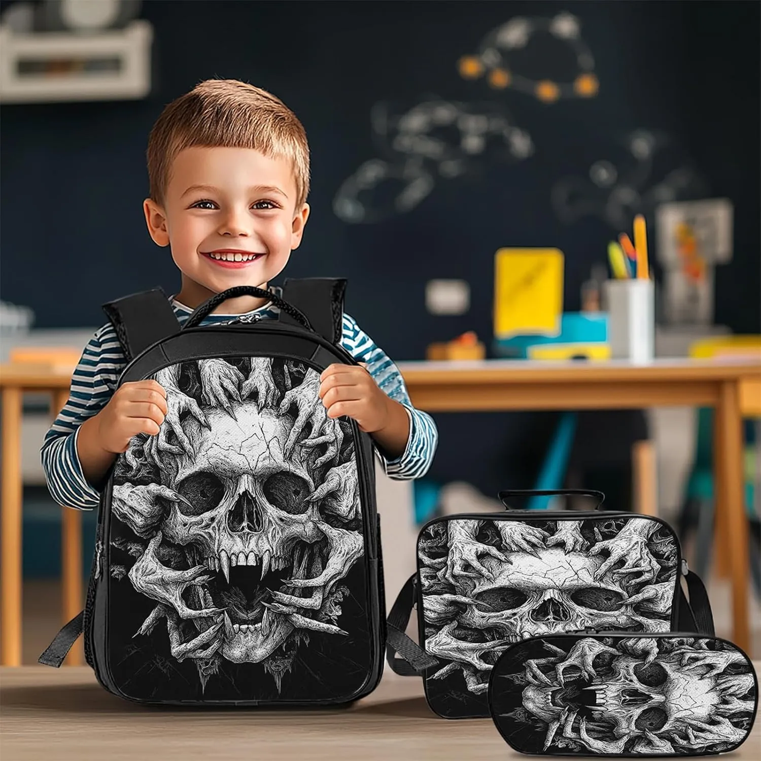 Skull Backpack Set for Boys Girls 3PCS Cool Horrible Gothic School Bag with Lunch Box Pencil Case Kids Backpacks Toddler Elementary Bookbag 16 Inch