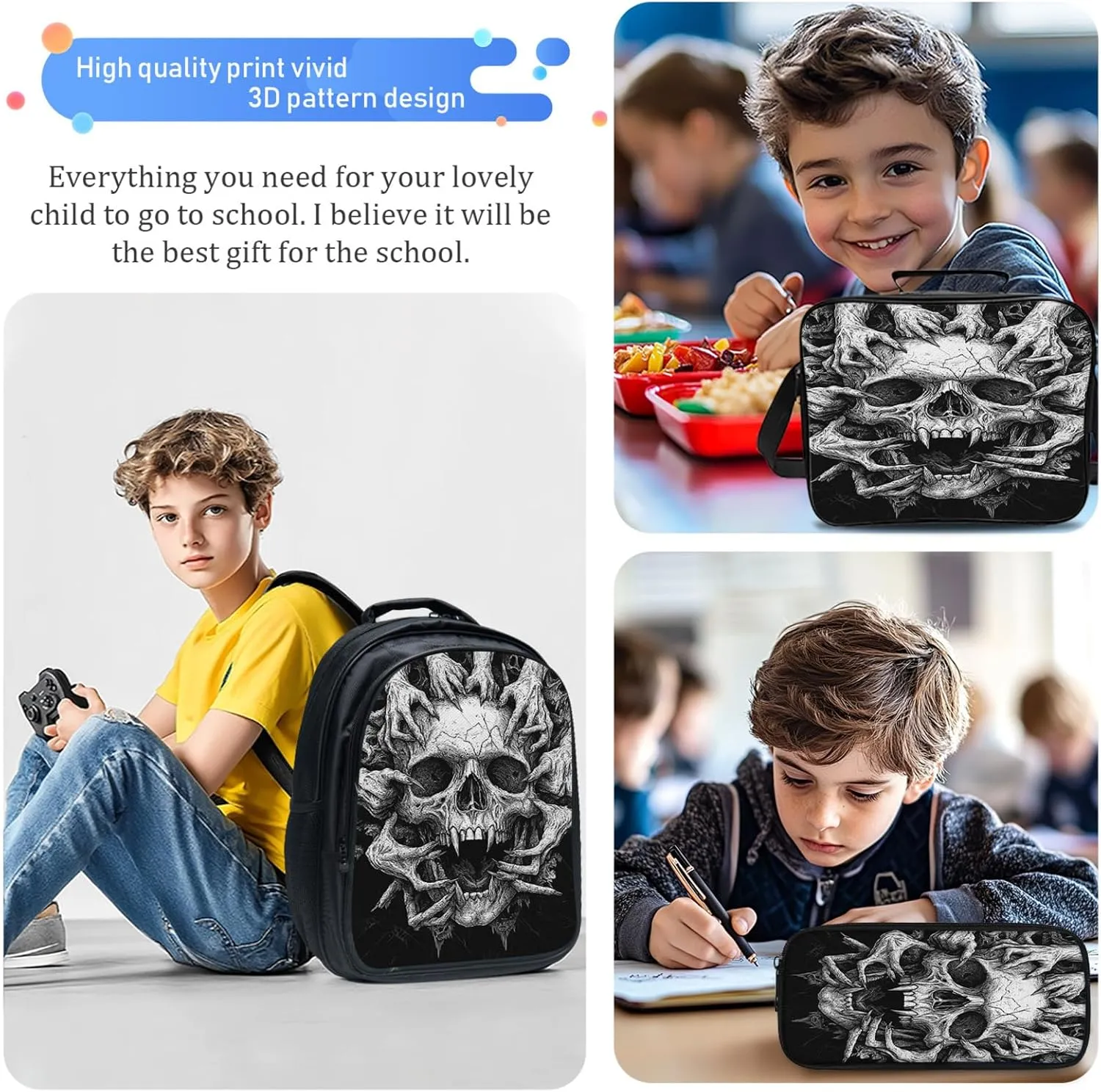 Skull Backpack Set for Boys Girls 3PCS Cool Horrible Gothic School Bag with Lunch Box Pencil Case Kids Backpacks Toddler Elementary Bookbag 16 Inch