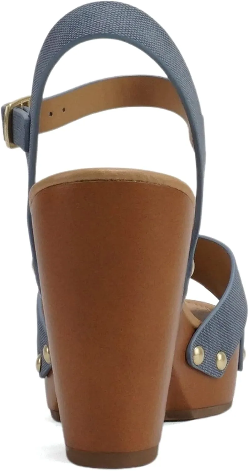 Soda MIGUEL ~ Women Crisscross Band Fashion Chunky Platform Block Mid Heel Sandal with Ankle Strap and Stud