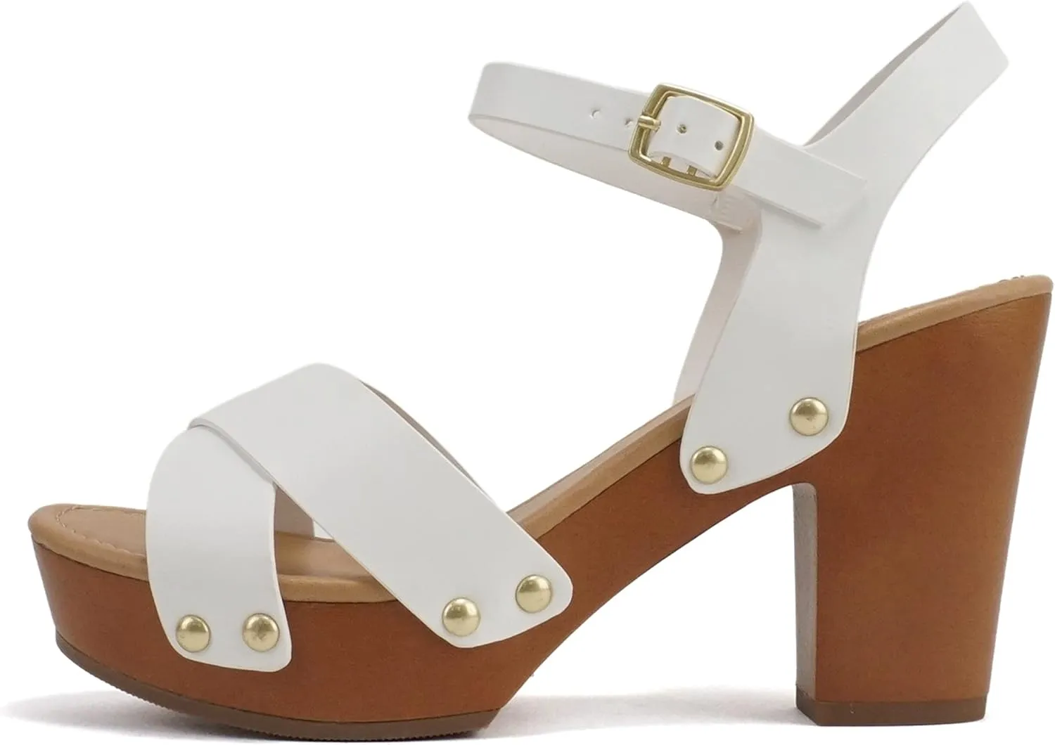 Soda MIGUEL ~ Women Crisscross Band Fashion Chunky Platform Block Mid Heel Sandal with Ankle Strap and Stud
