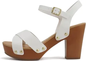 Soda MIGUEL ~ Women Crisscross Band Fashion Chunky Platform Block Mid Heel Sandal with Ankle Strap and Stud