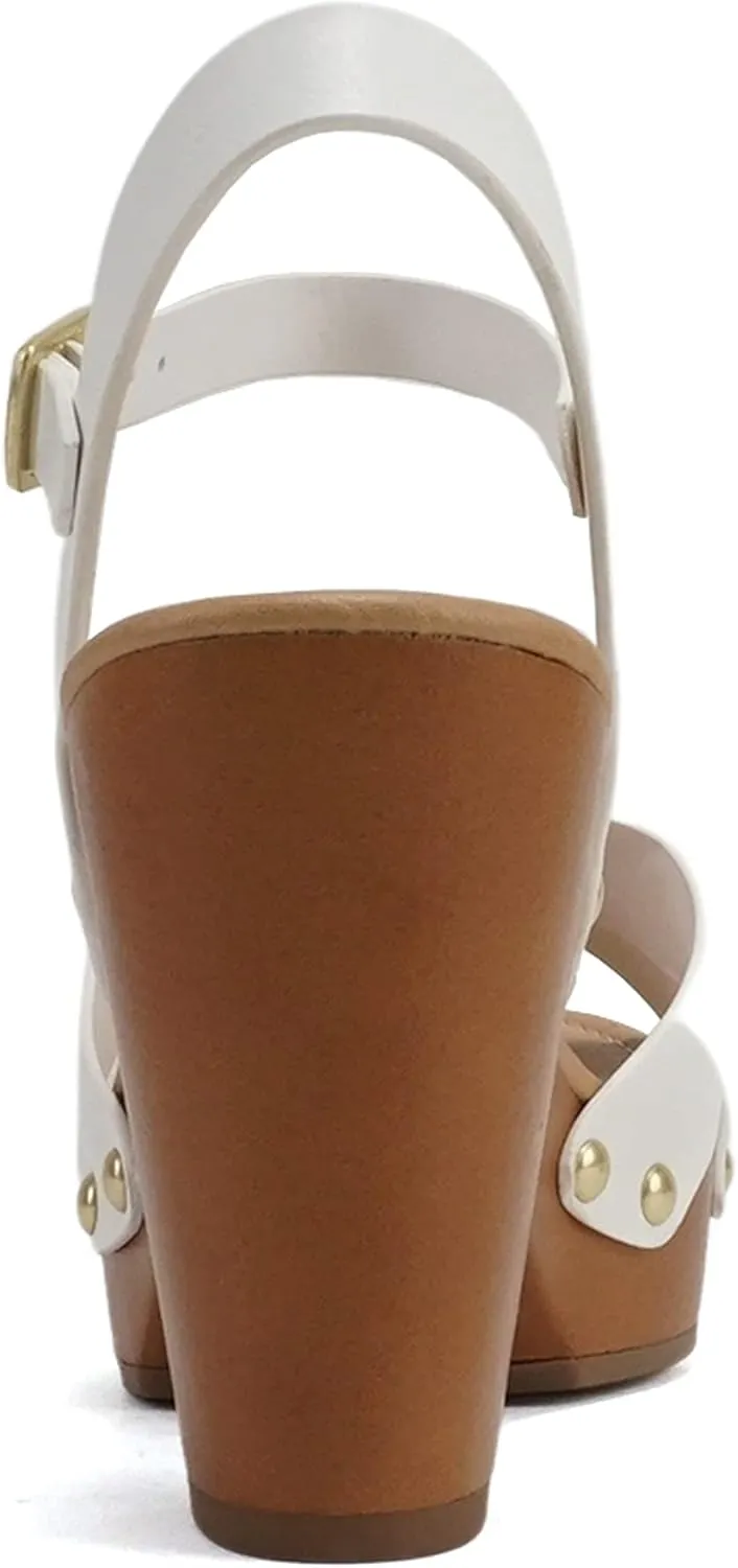 Soda MIGUEL ~ Women Crisscross Band Fashion Chunky Platform Block Mid Heel Sandal with Ankle Strap and Stud